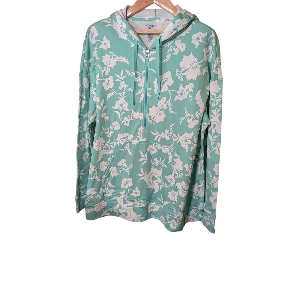 Croft & Barrow Womens 1X Teal Floral Quarter Zip Hoodie Sweatshirt Pocket